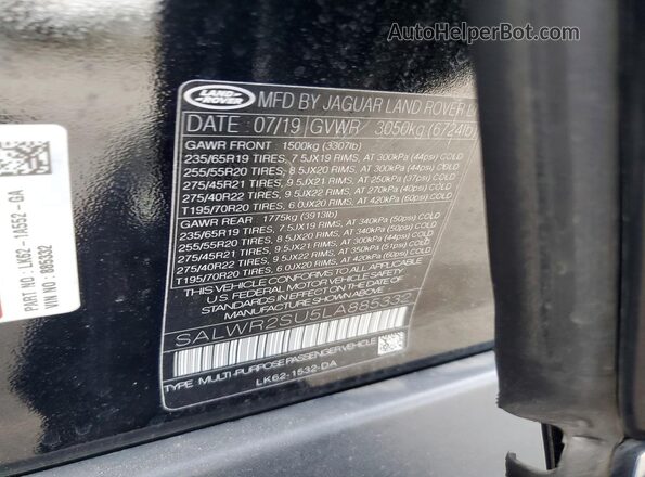 SALWR2SU5LA885332 2020 LAND ROVER RANGE Черный Вид наклейки с VIN-кодом