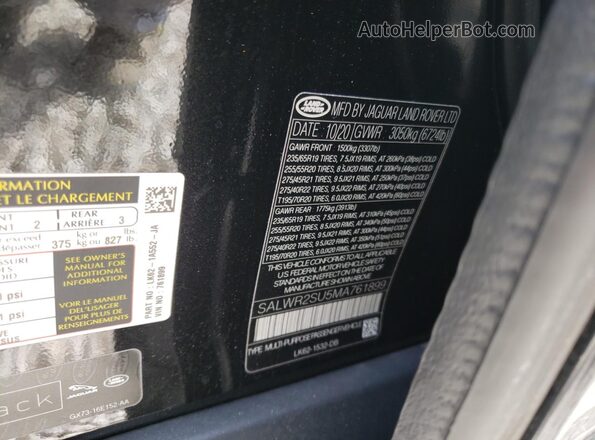 SALWR2SU5MA761899 2021 LAND ROVER RANGE Black VIN კოდის სტიკერის ხედი