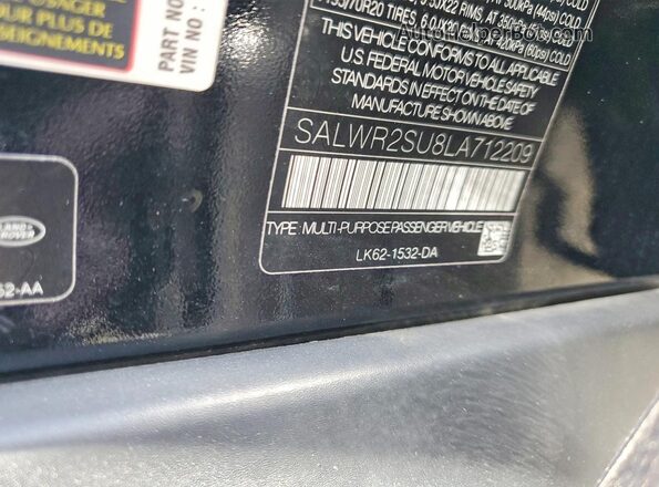 SALWR2SU8LA712209 2020 LAND ROVER RANGE Black Vista interior de 360 grados