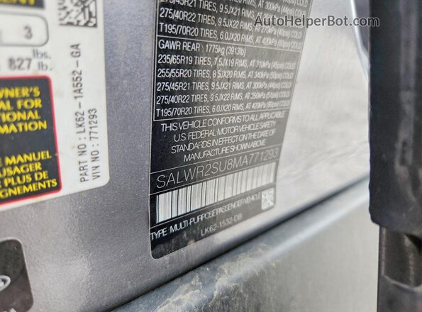 SALWR2SU8MA771293 2021 LAND ROVER RANGE Gray Widok naklejki z numerem VIN