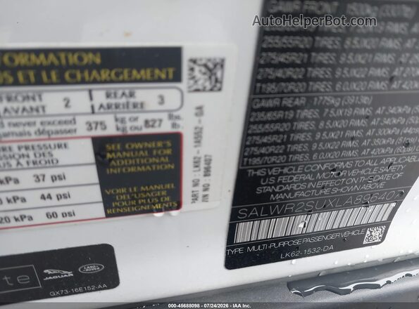 SALWR2SUXLA896407 2020 LAND ROVER RANGE ROVER SPORT White Vista del compartimento del motor