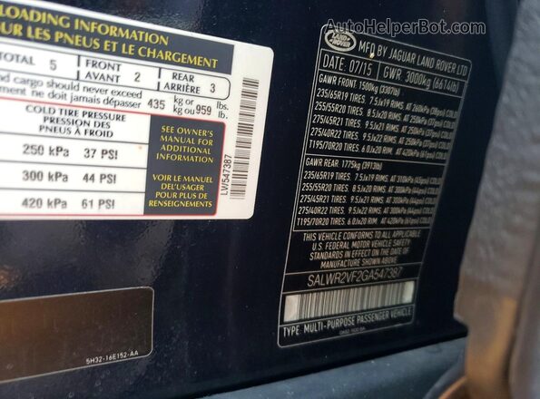 SALWR2VF2GA547387 2016 LAND ROVER RANGE Blue Вид наклейки з VIN-кодом