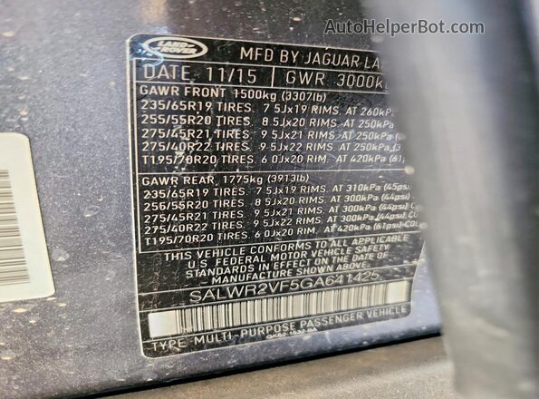 SALWR2VF5GA641425 2016 LAND ROVER RANGE Gray Вид підкапотного простору