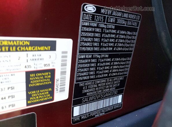 SALWR2VF5GA643790 2016 LAND ROVER RANGE Burgundy Вид підкапотного простору