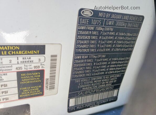 SALWR2VF6GA638050 2016 LAND ROVER RANGE White VIN sticker view