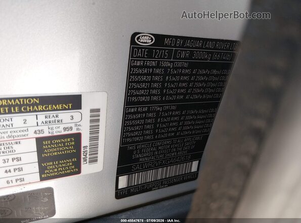 SALWR2VFXGA642618 2016 LAND ROVER RANGE ROVER SPORT Silver ძრავის განყოფილების ხედი