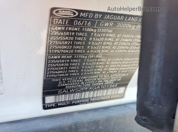 SALWS2PFXGA101344 2016 LAND ROVER RANGE White VIN կոդի պիտակի տեսք