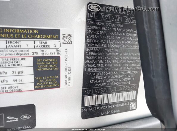 SALWS2RU3LA726321 2020 LAND ROVER RANGE ROVER SPORT Silver Engine compartment view