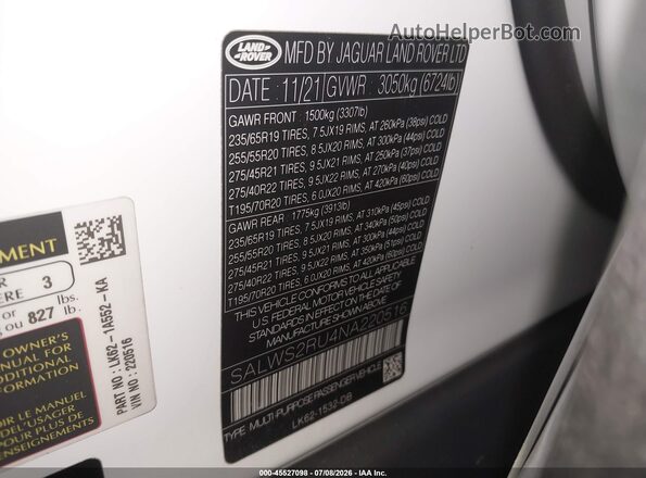 SALWS2RU4NA220516 2022 LAND ROVER RANGE ROVER SPORT White Widok komory silnika