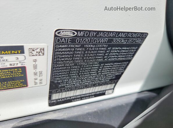 SALWS2RU5LA722643 2020 LAND ROVER RANGE White Vista de la etiqueta del VIN