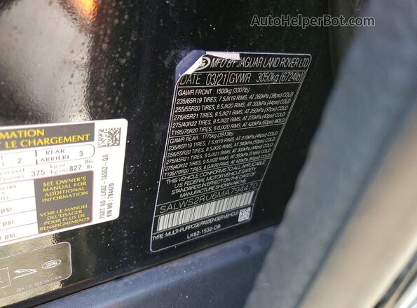 SALWS2RU6MA794470 2021 LAND ROVER RANGE Black Vista de la etiqueta del VIN