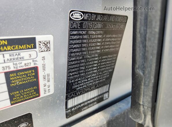 SALWS2RU8LA883102 2020 LAND ROVER RANGE Silver VIN კოდის სტიკერის ხედი
