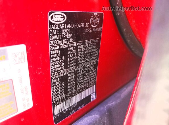 SALWS2RUXMA784489 2021 LAND ROVER RANGE Red VIN կոդի պիտակի տեսք