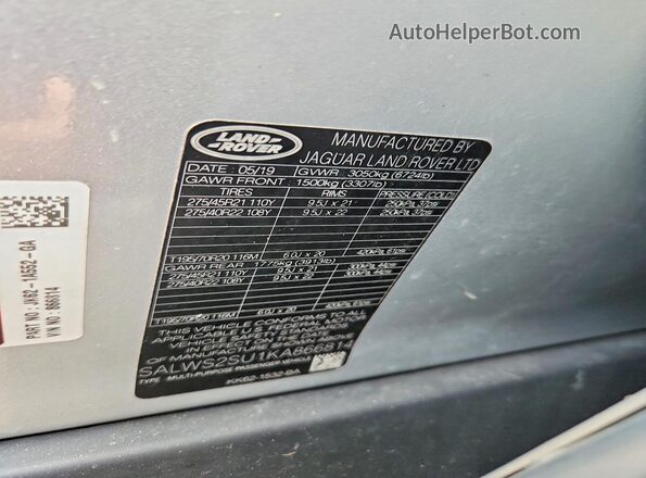 SALWS2SU1KA866814 2019 LAND ROVER RANGE Серебряный Вид наклейки с VIN-кодом