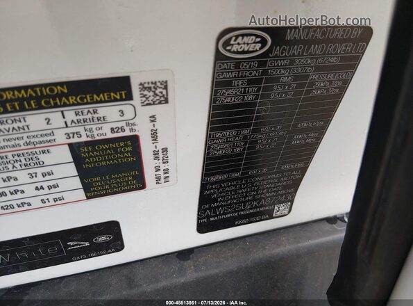 SALWS2SU2KA872430 2019 LAND ROVER RANGE ROVER SPORT White ძრავის განყოფილების ხედი