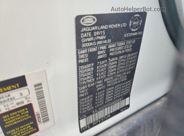 SALWS2VF0GA556061 2016 LAND ROVER RANGE Белый Вид наклейки с VIN-кодом