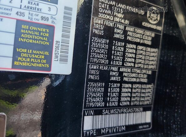 SALWS2VF8GA570628 2016 LAND ROVER RANGE Black VIN sticker view