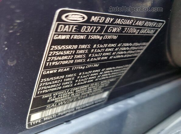 SALWV2FEXHA146494 2017 LAND ROVER RANGE Blue Vista de la etiqueta del VIN