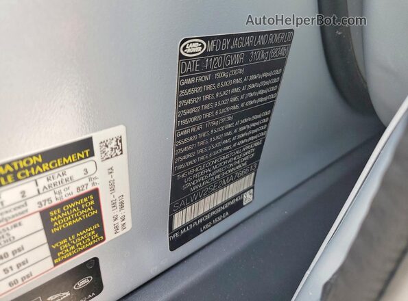 SALWV2SE2MA766613 2021 LAND ROVER RANGE Silver Vista de la etiqueta del VIN