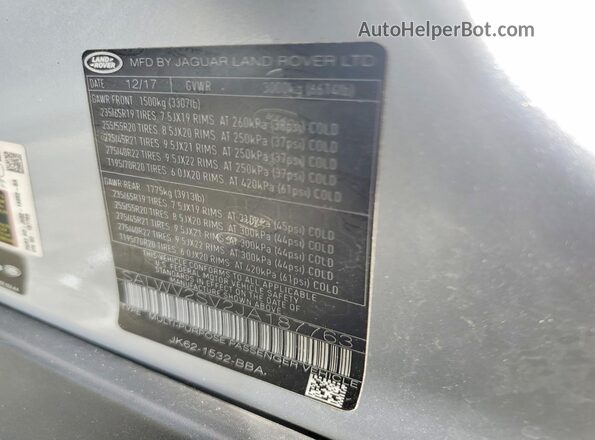 SALWV2SV2JA187763 2018 LAND ROVER RANGE Gray VIN կոդի պիտակի տեսք