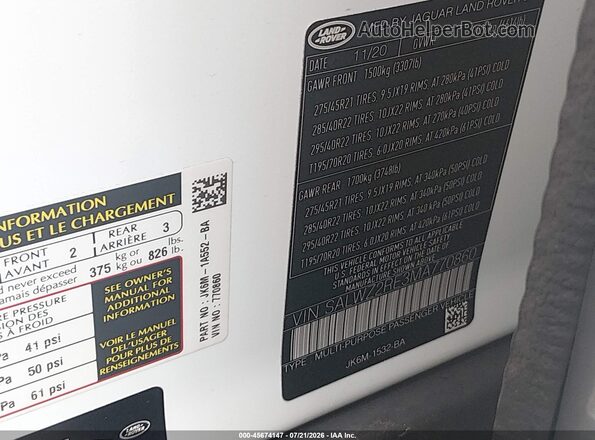 SALWZ2RE3MA770860 2021 LAND ROVER RANGE ROVER SPORT White Engine compartment view