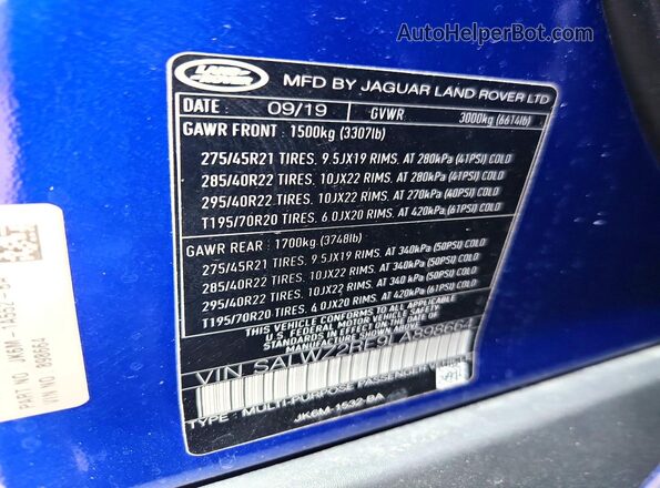SALWZ2RE9LA898664 2020 LAND ROVER RANGE Blue Vista de la etiqueta del VIN