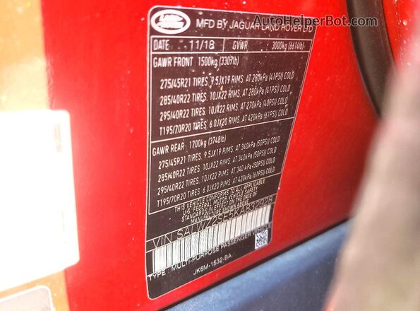 SALWZ2SE5KA832928 2019 LAND ROVER RANGE Red Вид наклейки з VIN-кодом