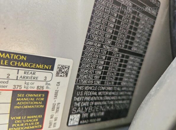 SALYB2EN2KA783079 2019 LAND ROVER RANGE Silver Vista del compartimento del motor