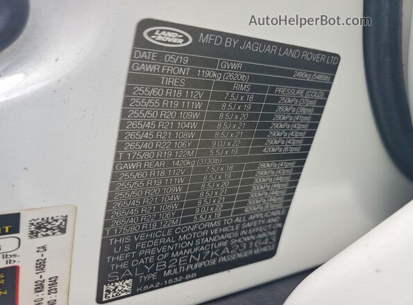 SALYB2EN7KA231643 2019 LAND ROVER RANGE White Widok naklejki z numerem VIN