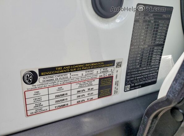 SALYB2EX2KA209129 2019 LAND ROVER RANGE White Вид наклейки з VIN-кодом