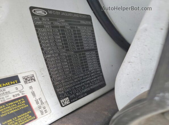 SALYB2EX3KA234475 2019 LAND ROVER RANGE White Вид підкапотного простору