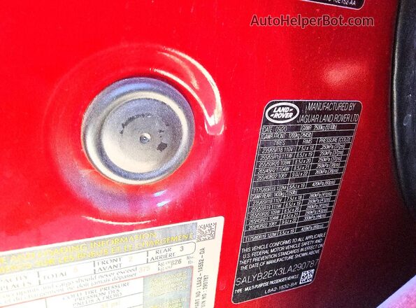 SALYB2EX3LA290787 2020 LAND ROVER RANGE Red Vista de la etiqueta del VIN
