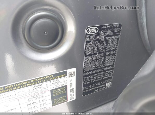 SALYB2EX4LA246068 2020 LAND ROVER RANGE ROVER VELAR Gray ძრავის განყოფილების ხედი