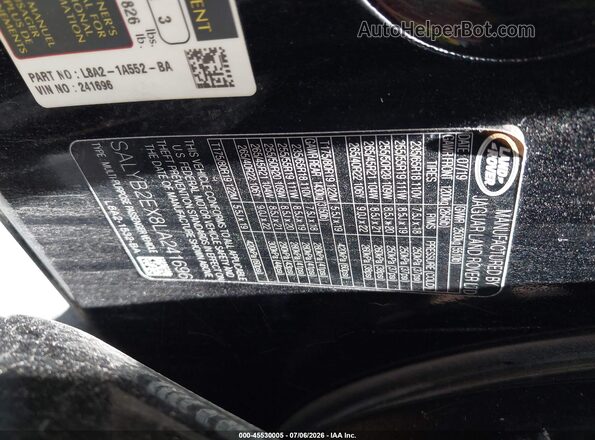 SALYB2EX8LA241696 2020 LAND ROVER RANGE ROVER VELAR Black ძრავის განყოფილების ხედი