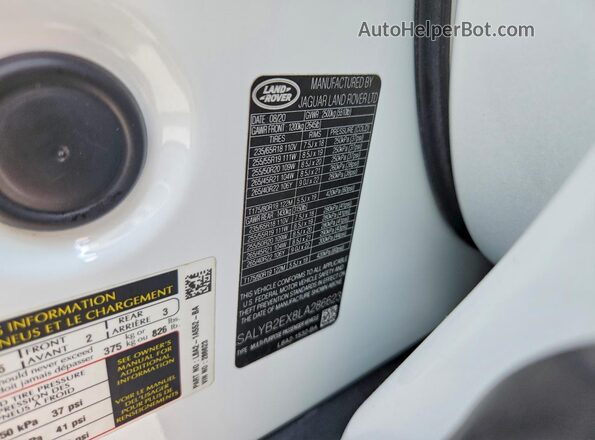 SALYB2EX8LA286623 2020 LAND ROVER RANGE White 360 interior view