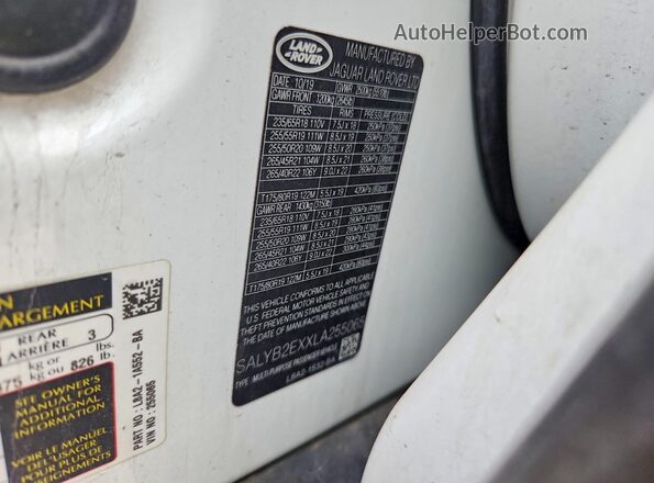 SALYB2EXXLA255065 2020 LAND ROVER RANGE White VIN კოდის სტიკერის ხედი