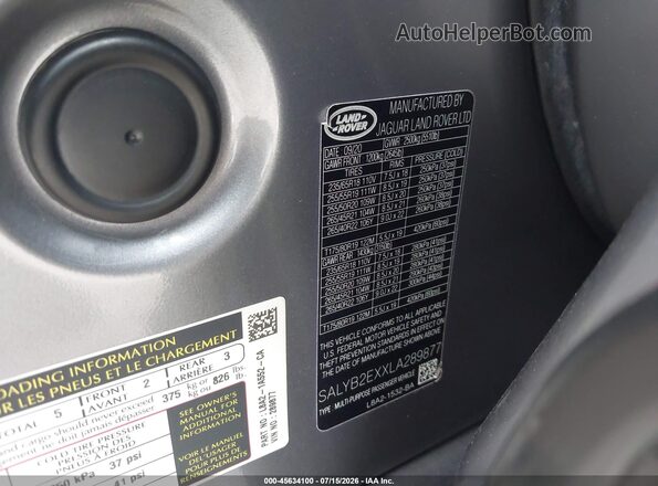 SALYB2EXXLA289877 2020 LAND ROVER RANGE ROVER VELAR Серый Вид подкапотного пространства