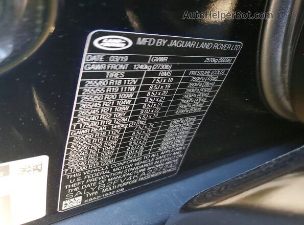SALYB2FV4KA227242 2019 LAND ROVER RANGE Black Widok naklejki z numerem VIN