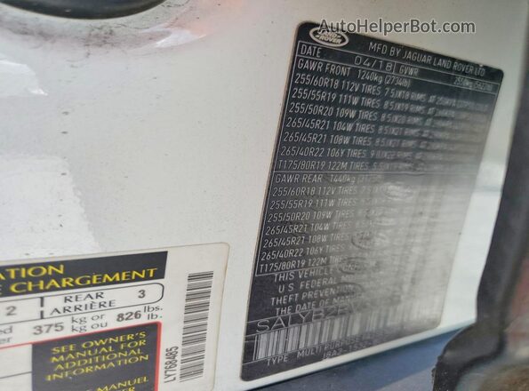 SALYB2RV3JA768485 2018 LAND ROVER RANGE White VIN sticker view