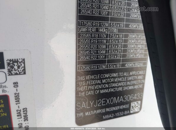 SALYJ2EX0MA306433 2021 LAND ROVER RANGE ROVER VELAR Белый Вид подкапотного пространства