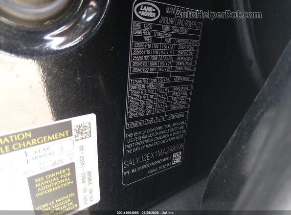 SALYJ2EX1MA298598 2021 LAND ROVER RANGE ROVER VELAR Black Engine compartment view
