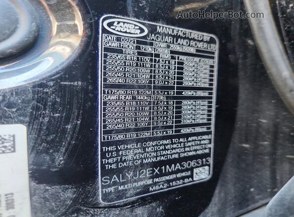SALYJ2EX1MA306313 2021 LAND ROVER RANGE Black Vista de la etiqueta del VIN