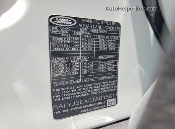 SALYJ2EX3TA815611 2026 LAND ROVER RANGE White Vista de la etiqueta del VIN