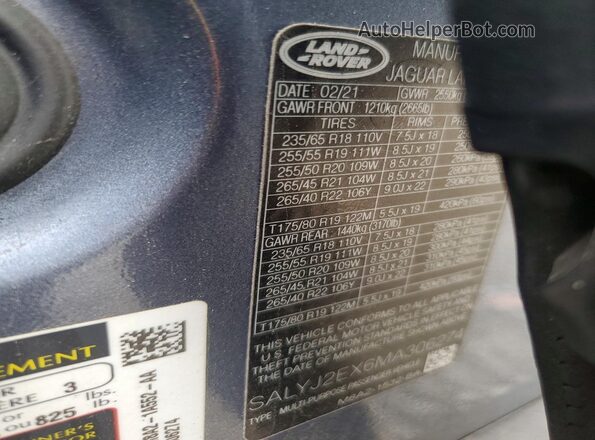 SALYJ2EX6MA306274 2021 LAND ROVER RANGE Blue VIN კოდის სტიკერის ხედი