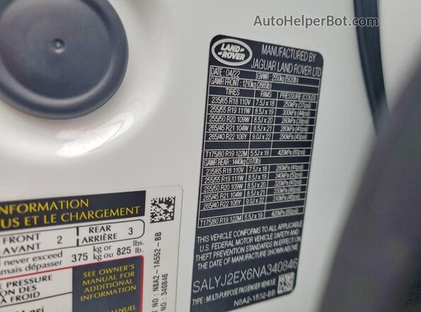 SALYJ2EX6NA340846 2022 LAND ROVER RANGE White VIN კოდის სტიკერის ხედი