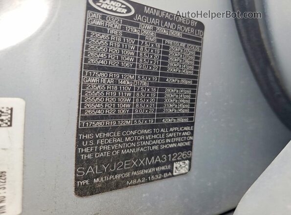 SALYJ2EXXMA312269 2021 LAND ROVER RANGE Silver Вид наклейки з VIN-кодом