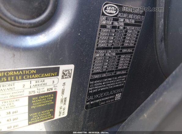 SALYK2EX0LA263806 2020 LAND ROVER RANGE ROVER VELAR Blue Widok komory silnika