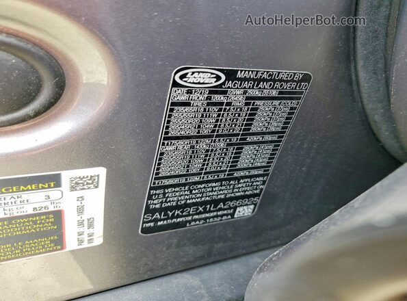 SALYK2EX1LA266925 2020 LAND ROVER RANGE Silver VIN sticker view