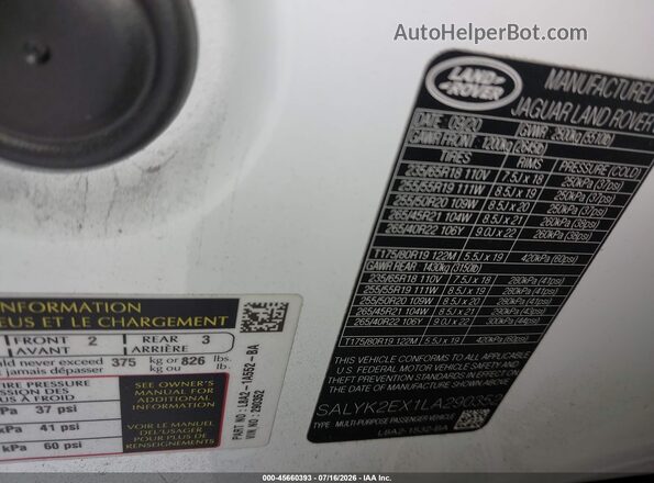 SALYK2EX1LA290352 2020 LAND ROVER RANGE ROVER VELAR White Widok komory silnika