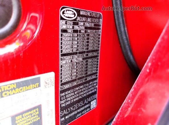 SALYK2EX5LA240098 2020 LAND ROVER RANGE Red Widok wnętrza 360 stopni
